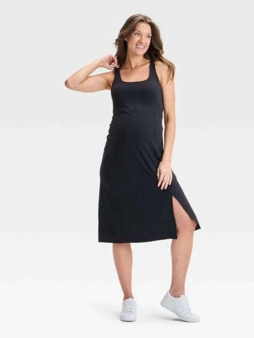 Isabel Black Sleeveless Side Slit Active Midi Maternity Dress Size Med NWT